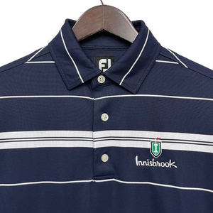 Footjoy FJ Men's Golf Polo Shirt Navy Blue & White Striped Innisbrook Logo M euc